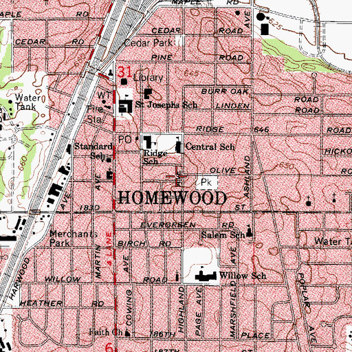 Topographic Map of Village of Homewood, IL