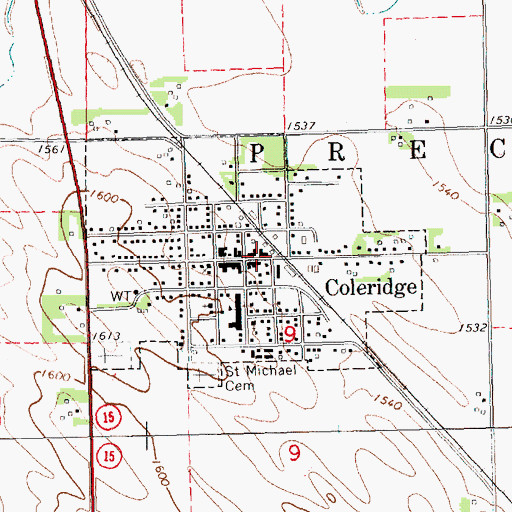 Topographic Map of Village of Coleridge, NE