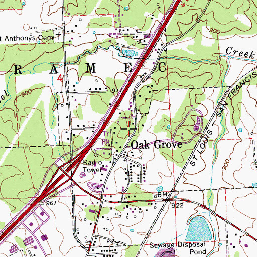 Topographic Map of Village of Oak Grove Village, MO