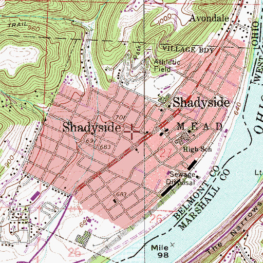Topographic Map of Village of Shadyside, OH