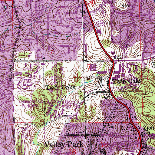Topographic Map of Village of Twin Oaks, MO