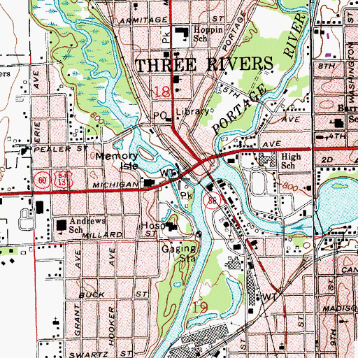 Topographic Map of Three Rivers Historical Marker, MI