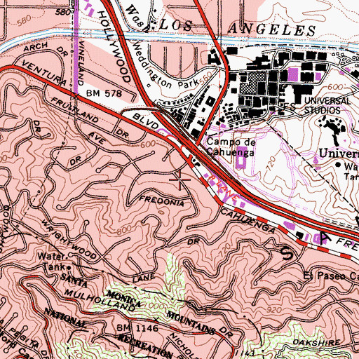 Topographic Map of Campo de Cahuenga, CA