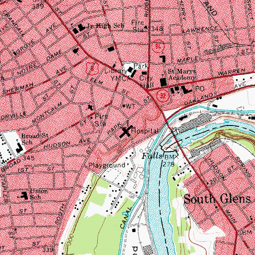 Topographic Map of Glens Falls Hospital, NY