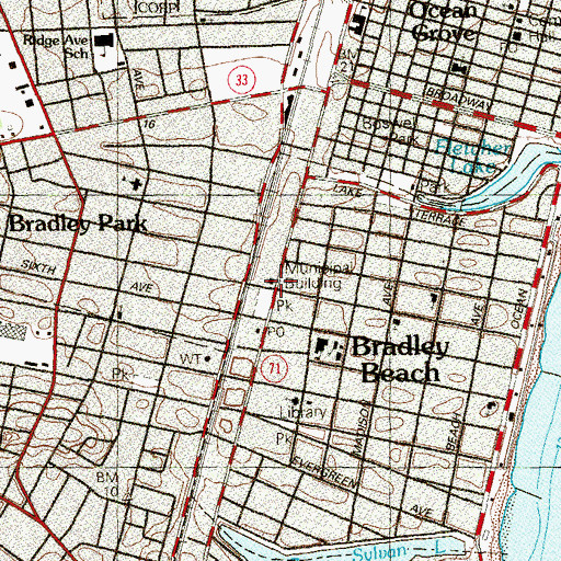 Topographic Map of Bradley Beach Fire Bureau, NJ
