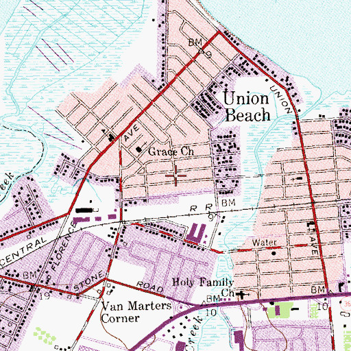 Topographic Map of Union Beach Borough Fire Department Union Gardens Fire Company, NJ