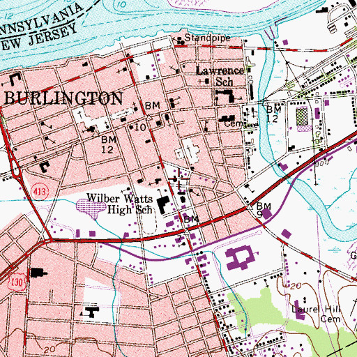 Topographic Map of Burlington Fire Department Headquarters, NJ