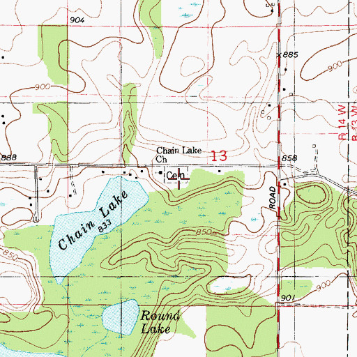 Topographic Map of Chain Lake Baptist Church and Cemetery Historical Marker, MI