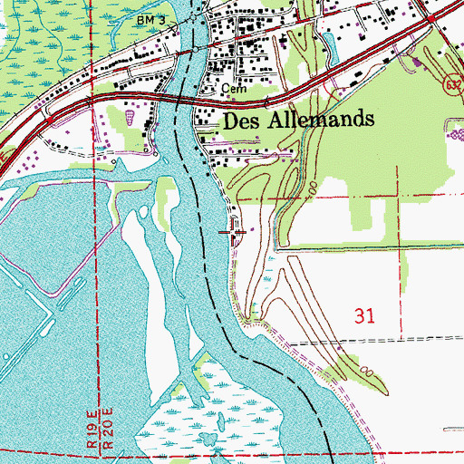 Topographic Map of Des Allemands Census Designated Place, LA