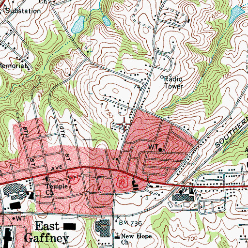 Topographic Map of East Gaffney Census Designated Place, SC