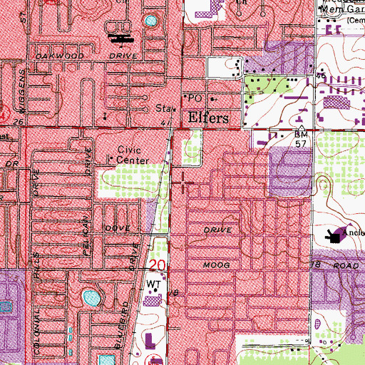 Topographic Map of Elfers Census Designated Place, FL