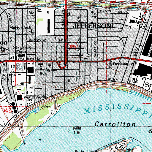 Topographic Map of Jefferson Census Designated Place, LA