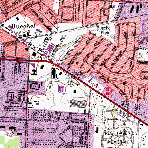 Topographic Map of Buechel Census Designated Place (historical), KY