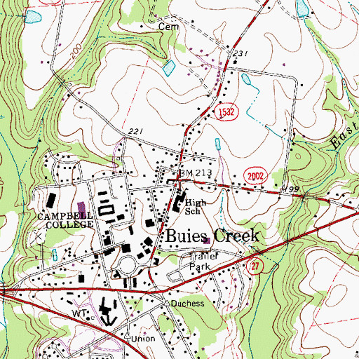 Topographic Map of Buies Creek Census Designated Place, NC
