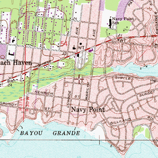 Topographic Map of Warrington Census Designated Place, FL