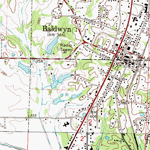 Topographic Map of City of Baldwyn, MS
