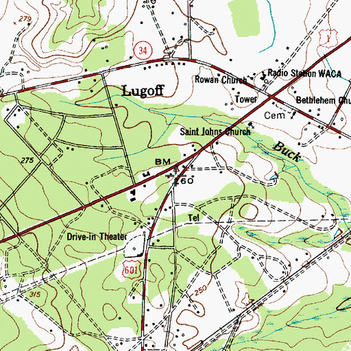 Topographic Map of Lugoff Census Designated Place, SC