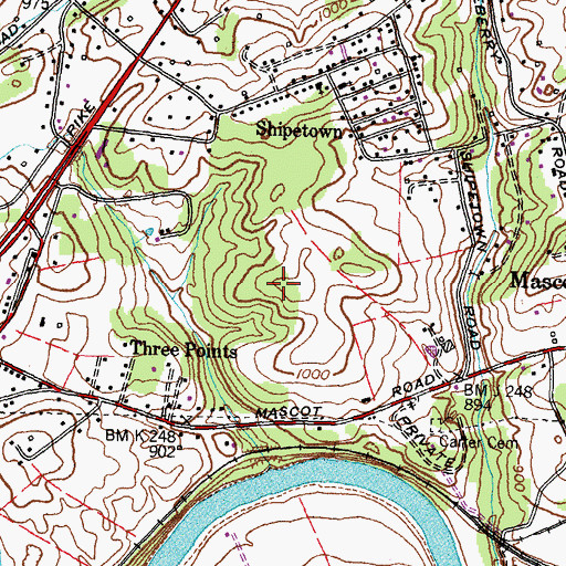 Topographic Map of Mascot Census Designated Place, TN