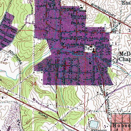 Topographic Map of McDonald Chapel Census Designated Place, AL