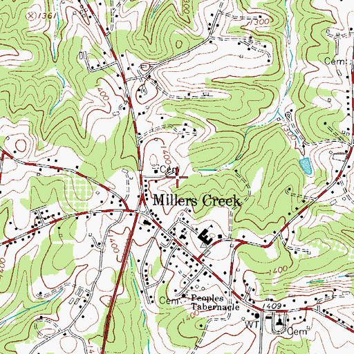 Topographic Map of Millers Creek Census Designated Place, NC