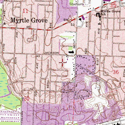 Topographic Map of Myrtle Grove Census Designated Place, FL