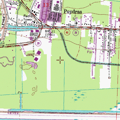 Topographic Map of Poydras Census Designated Place, LA