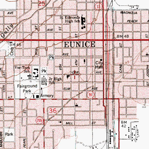 Topographic Map of City of Eunice, LA