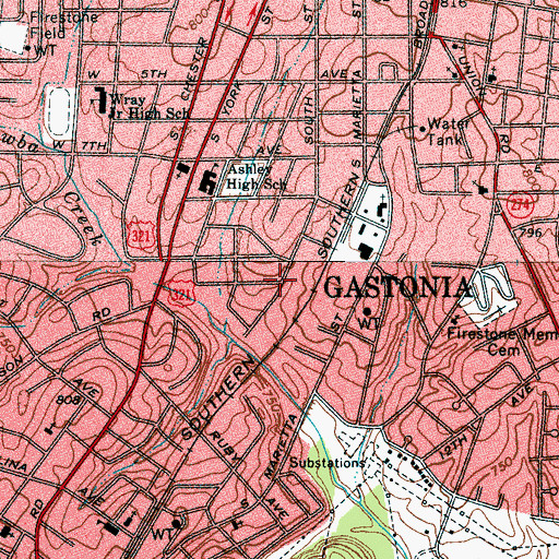 Topographic Map of City of Gastonia, NC