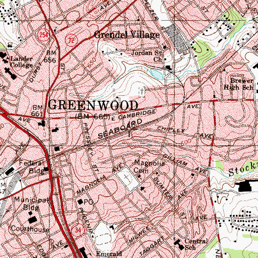 Topographic Map of City of Greenwood, SC
