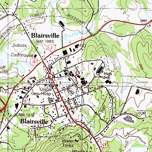 Topographic Map of City of Blairsville, GA