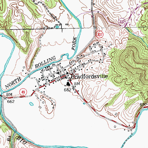 Topographic Map of City of Bradfordsville, KY