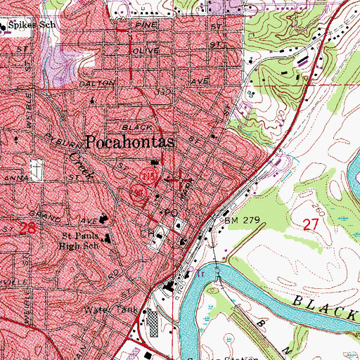Topographic Map of City of Pocahontas, AR