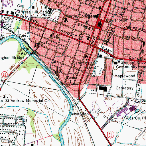 Topographic Map of City of Pulaski, TN