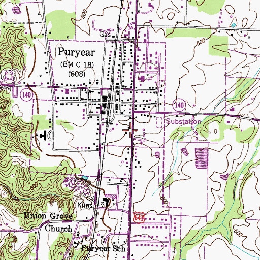 Topographic Map of City of Puryear, TN