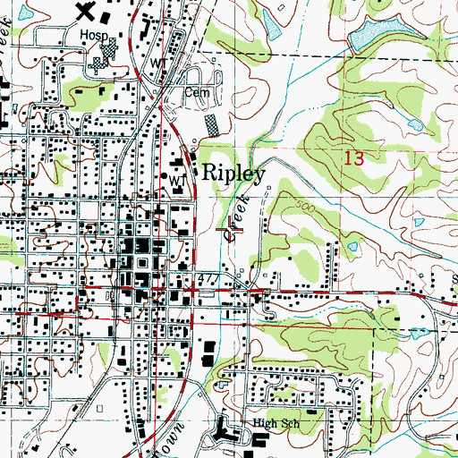 Topographic Map of City of Ripley, MS