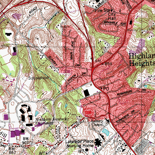 Topographic Map of City of Highland Heights, KY