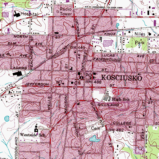 Topographic Map of City of Kosciusko, MS