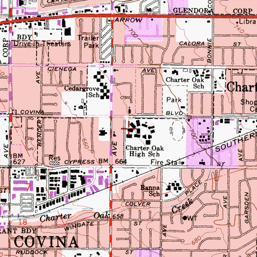 Topographic Map of Charter Oak High School, CA