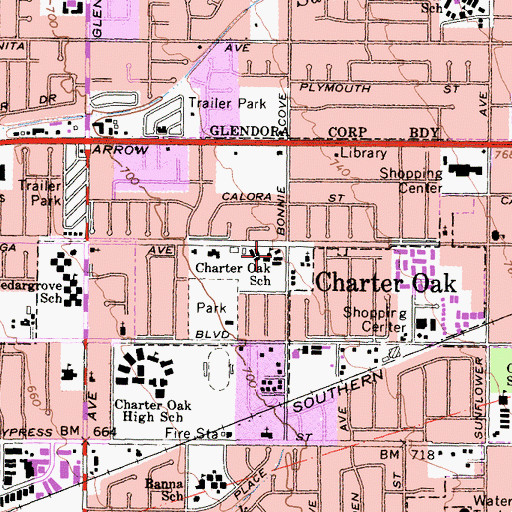 Topographic Map of Charter Oak Elementary School, CA