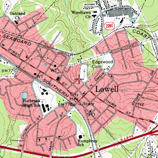 Topographic Map of City of Lowell, NC