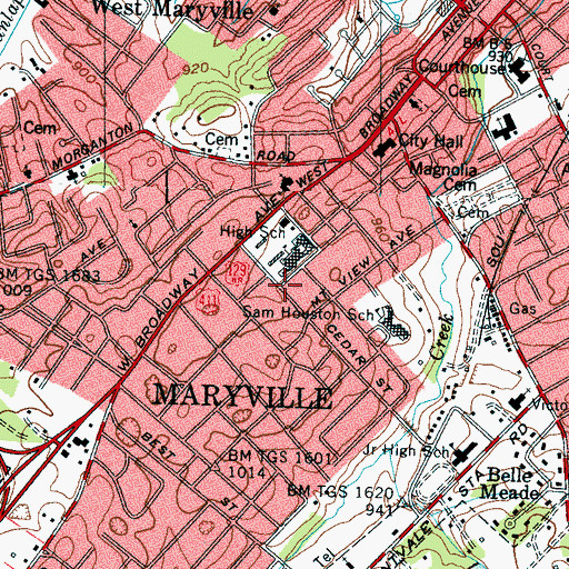 Topographic Map of City of Maryville, TN