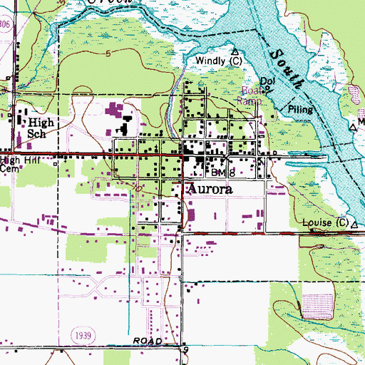 Topographic Map of Town of Aurora, NC