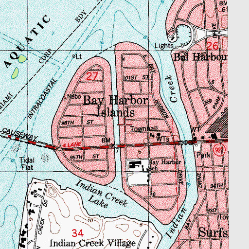Topographic Map of Town of Bay Harbor Islands, FL
