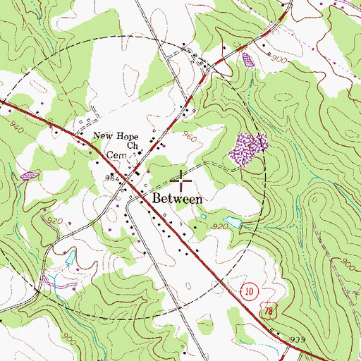Topographic Map of Town of Between, GA