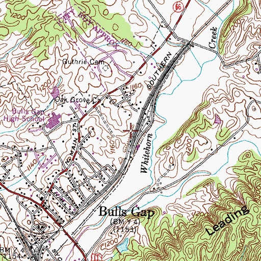 Topographic Map of Town of Bulls Gap, TN