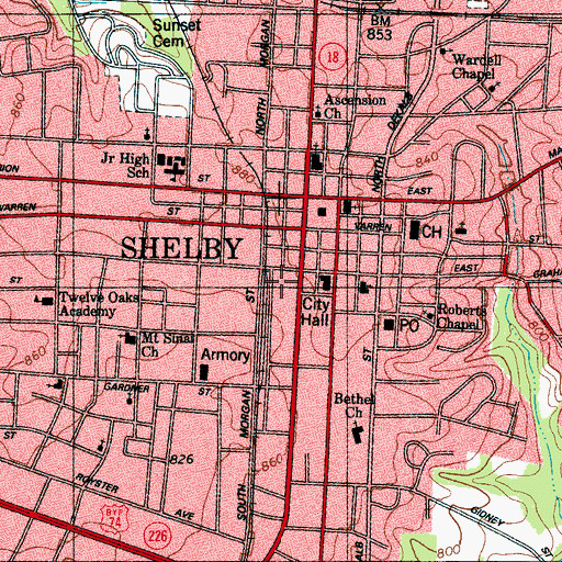 Topographic Map of City of Shelby, NC