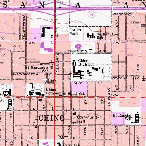 Topographic Map of Chino High School, CA