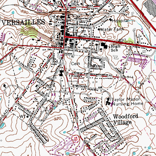 Topographic Map of City of Versailles, KY