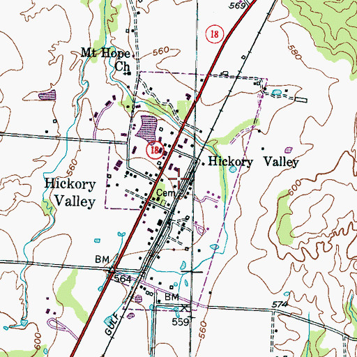 Topographic Map of Town of Hickory Valley, TN