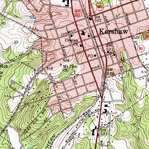 Topographic Map of Town of Kershaw, SC